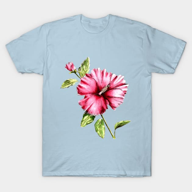 Hibiscus Flower Watercolor Painting T-Shirt by Ratna Arts